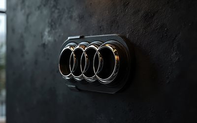 Audi chrome logo, 4K, Audi metal emblem, Audi steel logo, black stone background, Audi chrome sign, Audi metal logo, Audi emblem, Audi logo, German cars, Audi, black wall