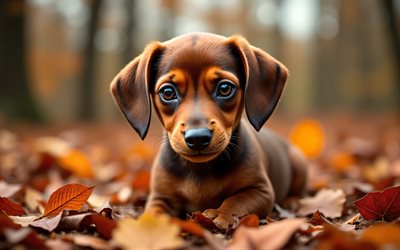 cachorro de perro salchicha, 4k, otoño, bokeh, bosque, perros, animales lindos, cachorros, mascotas, cachorro en el bosque, perro tejonero