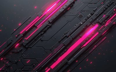 pembe siyah arka plan, 4k, yaratıcı sanat, pembe neon ışıkları, geometri, soyut arka planlar, geometrik arka planlar, soyutlamalar, siyah yüksek teknoloji arka planlar