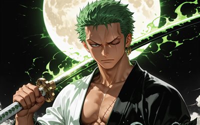 4k, roronoa zoro, luna, noche, kimono, una pieza, espada, obra de arte, personajes de una pieza, manga, cazador de piratas, roronoa zoro una pieza