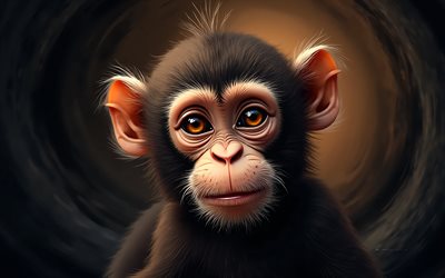 macaco pintado, 4k, fundo abstrato marrom preto, animais desenhados, obra de arte, arte do macaco, animais abstratos, macaco, animais de desenho animado, macacos