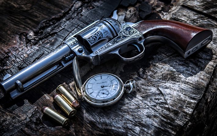 revólver, 4k, relógio antigo, pistola, balas