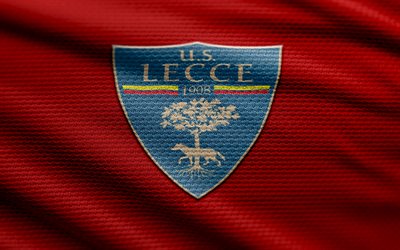 US Lecce fabric logo, 4k, red fabric background, Serie A, bokeh, soccer, US Lecce logo, football, US Lecce emblem, US Lecce, Italian football club, Lecce FC