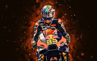 Brad Binder, 4k, orange neon lights, Red Bull KTM Factory Racing, MotoGP, South African motorcycle racers, creative, motorcyclists, KTM, Brad Binder 4K