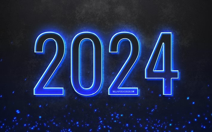 feliz año nuevo 2024, 4k, dígitos de neón azul, 2024 año, 2024 dígitos 3d, obra de arte, 2024 conceptos, 2024 feliz año nuevo, arte grune, 2024 fondo azul
