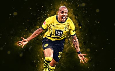 Donyell Malen, 4k, yellow neon lights, Borussia Dortmund FC, dutch footballers, BVB, Donyell Malen 4K, yellow abstract background, soccer, Bundesliga, football, Donyell Malen BVB