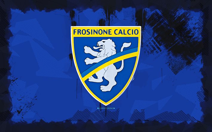 frosinone grunge 로고, 4k, 세리에 a, 파란색 그런지 배경, 축구, frosinone emblem, frosinone 로고, 이탈리아 축구 클럽, frosinone calcio