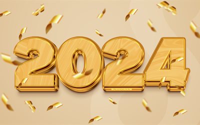 4k, 幸せな新年2024年, ゴールデン3d桁, 2024年, 2024 3d桁, アートワーク, 2024概念, 2024年明けましておめでとうございます, グランジアート, 2024ゴールデンバックグラウンド