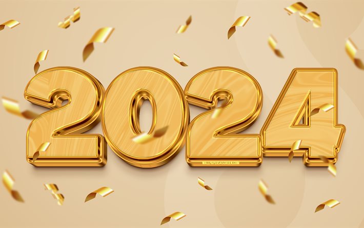 4k, feliz año nuevo 2024, dígitos 3d dorados, 2024 año, 2024 dígitos 3d, obra de arte, 2024 conceptos, 2024 feliz año nuevo, arte grune, 2024 fondo dorado