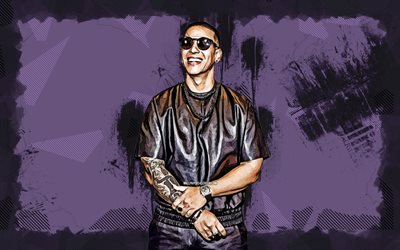 4k, Daddy Yankee, grunge art, Puerto Rican rappers, music stars, Reggaeton, rappers, violet grunge background, Puerto Rican celebrity, Daddy Yankee 4K