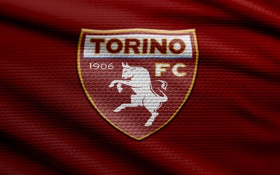 Torino FC fabric logo, 4k, red fabric background, Serie A, bokeh, soccer, Torino FC logo, football, Torino FC emblem, Torino FC, Italian football club, FC Torino