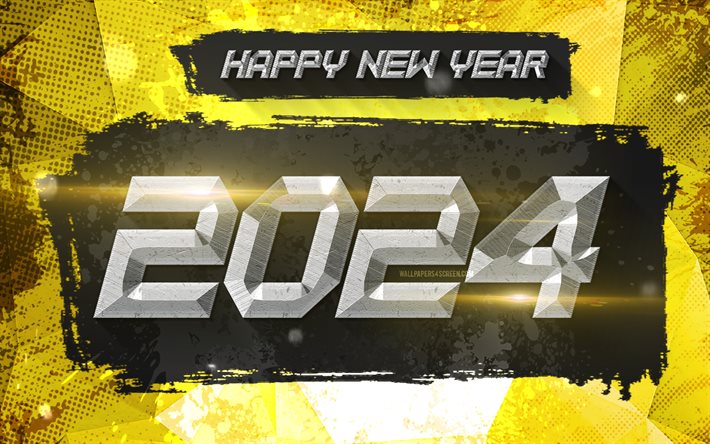 4k, 2024年明けましておめでとうございます, ストーン3d桁, 2024年, アートワーク, 2024概念, 2024 3d桁, 幸せな新年2024年, グランジアート, 2024黄色の背景