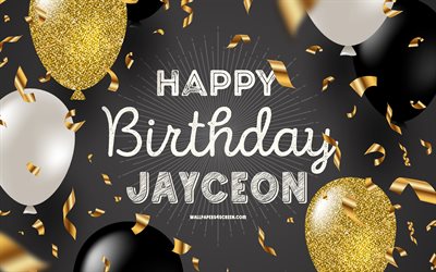 4k, joyeux anniversaire jayceon, fond d'anniversaire doré noir, anniversaire de jayceon, jayceon, ballons noirs dorés