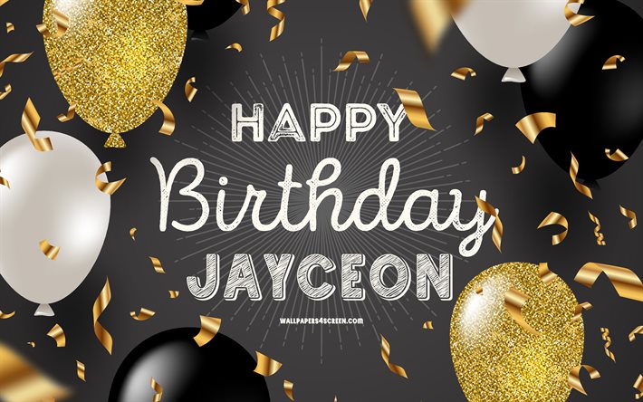 4k, buon compleanno jayceon, sfondo di compleanno d'oro nero, compleanno di jayceon, jayceon, palloncini neri dorati