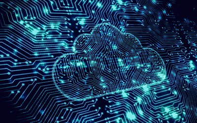 technologie cloud, 4k, fond de technologie bleue, cloud computing, stockage de données en nuage, silhouette de nuage néon bleu, technologie digitale, stockage en ligne, arrière plan de la carte mère, technologie de réseau