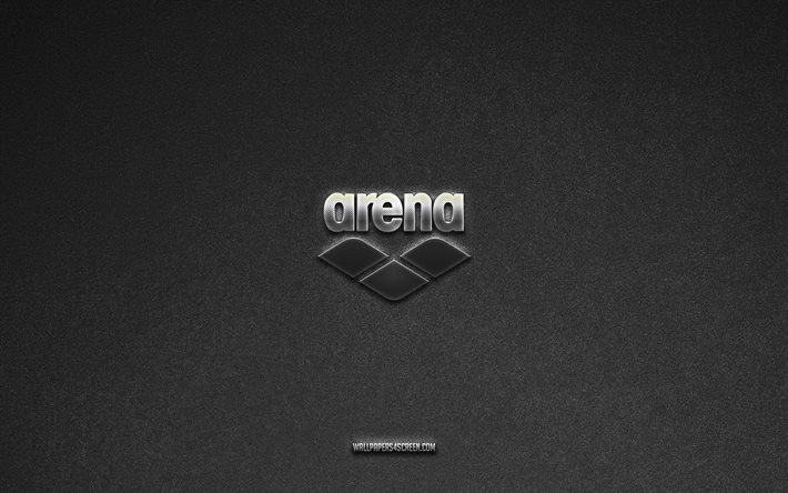 arena logotyp, märken, grå sten bakgrund, arena emblem, populära logotyper, arena, metallskyltar, arena metall logotyp, sten textur
