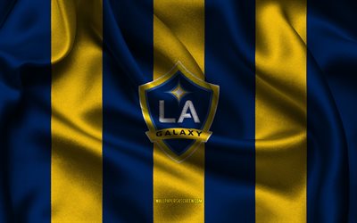 4k, ロサンゼルス・ギャラクシーのロゴ, 青黄色の絹織物, アメリカのサッカーチーム, ロサンゼルス・ギャラクシーのエンブレム, mls, ロサンゼルス・ギャラクシー, アメリカ合衆国, サッカー, フットボール, ロサンゼルス ギャラクシーフラッグ, laギャラクシー