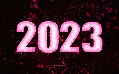 Happy New Year 2023, pink glitter art, 2023 pink glitter background, 2023 concepts, 2023 Happy New Year, black background