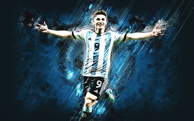 Julian Alvarez, Argentina national football team, Qatar 2023, Argentinean football player, striker, blue stone background, Argentina, football