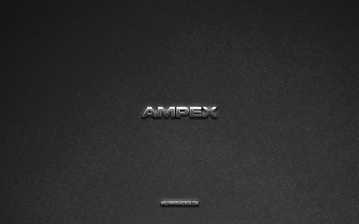 Ampex logo, brands, gray stone background, Ampex emblem, popular logos, Ampex, metal signs, Ampex metal logo, stone texture
