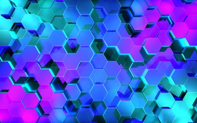 violet hexagons backround, 4k, geometry, 3D hexagons, 3D textures, hexagons patterns, hexagons 3D backround, honeycombs patterns, background with hexagons, geometric shapes, geometric patterns, honeycombs
