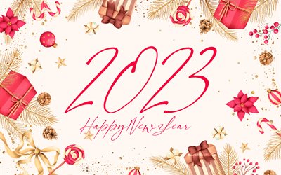 2023 gott nytt år, 4k, röda kalligrafiska siffror, 3d konst, 2023 koncept, konstverk, 2023 vintage bakgrund, 2023 3d siffror, juldekorationer, gott nytt år 2023, kreativ, 2023 år