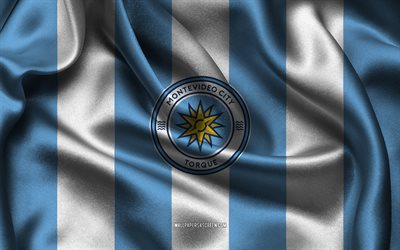 4k, logotipo de torque de la ciudad de montevideo, tela de seda blanca azul, seleccion uruguaya de futbol, emblema de torque de la ciudad de montevideo, primera división de uruguay, torque de la ciudad de montevideo, uruguay, fútbol, bandera torque de la ciudad de montevideo