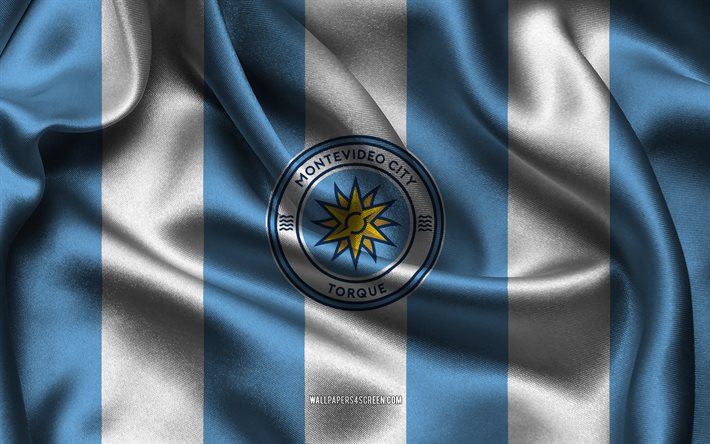 4k, Montevideo City Torque logo, blue white silk fabric, Uruguayan football team, Montevideo City Torque emblem, Uruguayan Primera Division, Montevideo City Torque, Uruguay, football, Montevideo City Torque flag