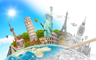 travel concepts, 4k, world landmarks, Statue of Liberty, Leaning Tower of Pisa, Pyramids, Sphinx, Colosseum, Eiffel Tower, creative, artwork