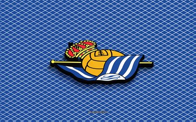 4k, logotipo isométrico de la real sociedad, arte 3d, club de futbol de españa, arte isometrico, real sociedad, fondo azul, la liga, españa, fútbol, emblema isométrico, logotipo de la real sociedad