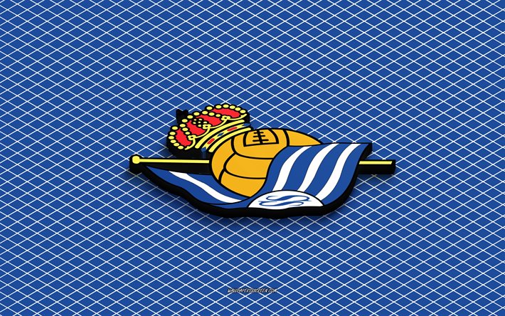 4k, real sociedad isometrisches logo, 3d kunst, spanischer fußballverein, isometrische kunst, real sociedad, blauer hintergrund, liga, spanien, fußball, isometrisches emblem, real sociedad logo