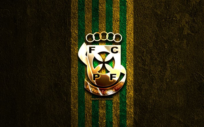 パコス・フェレイラの金色のロゴ, 4k, 黄色の石の背景, プリメイラ・リーガ, ポルトガルのサッカークラブ, パコス・フェレイラのロゴ, サッカー, パコス・フェレイラのエンブレム, リーガ ポルトガル, パコス・フェレイラfc, フットボール, パコス・フェレイラ