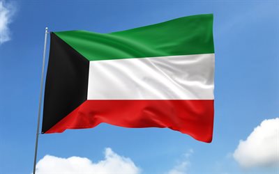 bayrak direğinde kuveyt bayrağı, 4k, asya ülkeleri, mavi gökyüzü, kuveyt bayrağı, dalgalı saten bayraklar, kuveyt ulusal sembolleri, bayraklı bayrak direği, kuveyt günü, asya, kuveyt