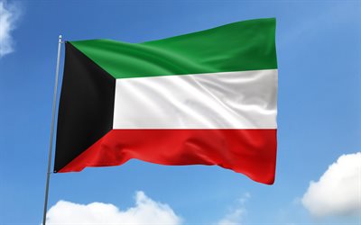 Kuwait flag on flagpole, 4K, Asian countries, blue sky, flag of Kuwait, wavy satin flags, Kuwaiti flag, Kuwaiti national symbols, flagpole with flags, Day of Kuwait, Asia, Kuwait flag, Kuwait