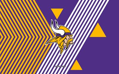 logotipo de los vikingos de minnesota, 4k, equipo de fútbol americano, fondo de líneas amarillas púrpura, vikingos de minnesota, nfl, eeuu, arte lineal, emblema de los vikingos de minnesota, fútbol americano