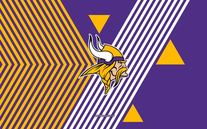 logo des vikings du minnesota, 4k, équipe de football américain, fond de lignes jaunes violettes, vikings du minnesota, nfl, etats unis, dessin au trait, emblème des vikings du minnesota, football américain