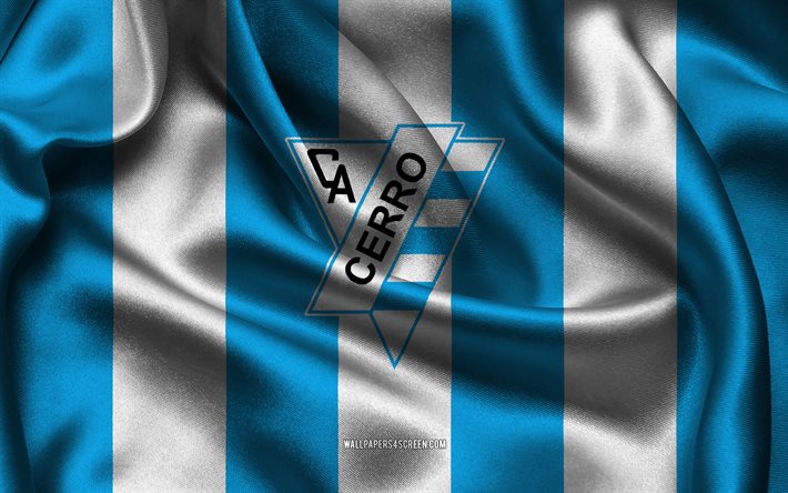 4k, ca cerro logo, blauweißer seidenstoff, uruguayische fußballmannschaft, ca cerro emblem, uruguayische primera division, ca cerro, uruguay, fußball, ca cerro flagge