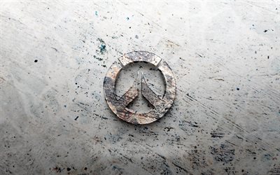 Overwatch stone logo, 4K, stone background, Overwatch 3D logo, games brands, creative, Overwatch logo, grunge art, Overwatch