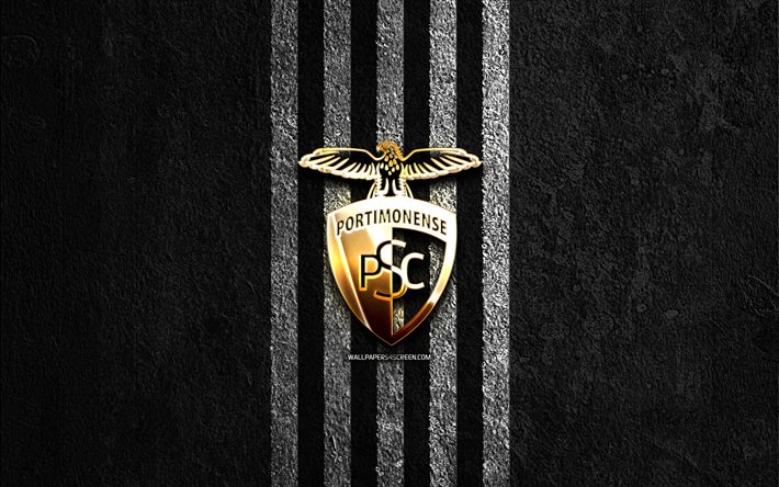 Portimonense SC golden logo, 4k, black stone background, Primeira Liga, Portugalese football club, Portimonense SC logo, soccer, Portimonense SC emblem, Liga Portugal, Portimonense FC, football, Portimonense SC