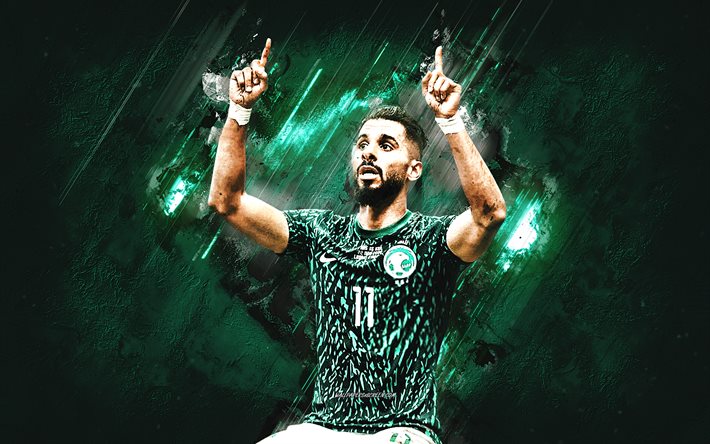 saleh al shehri, saudiarabiens fotbollslandslag, saleh bin khalid bin mohammed al shehri, porträtt, grön sten bakgrund, qatar 2022, vm 2022, fotboll
