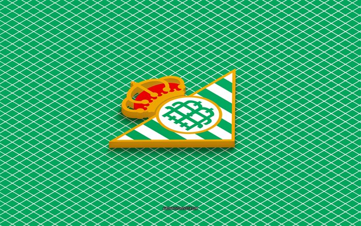 4k, Real Betis isometric logo, 3d art, Spain football club, isometric art, Real Betis, green background, La Liga, Spain, football, isometric emblem, Real Betis logo