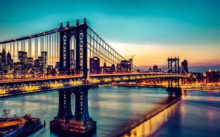 ponte di manhattan, sera, tramonto, new york, manhattan, grattacieli, ponte sospeso, fiume orientale, il centro di brooklyn, paesaggio urbano di new york, stati uniti d'america