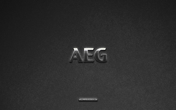 aeg ロゴ, ブランド, 灰色の石の背景, aeg エンブレム, 人気のロゴ, 電動ガン, メタルサイン, aeg メタルロゴ, 石のテクスチャ
