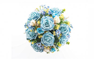 नीले गुलाब का गुलदस्ता, सफेद पृष्ठभूमि, वैवाहिक गुलदस्ता, नीला गुलाब, सुंदर गुलदस्ता, गुलाब के फूल