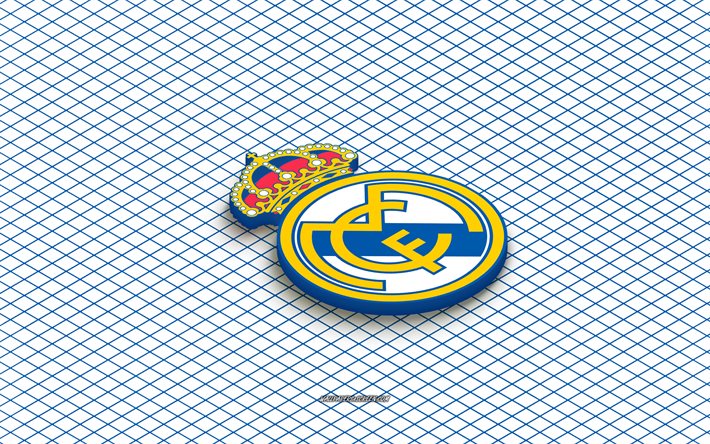 4k, real madrid isometrisk logotyp, 3d konst, spansk fotbollsklubb, isometrisk konst, real madrid, vit bakgrund, la liga, spanien, fotboll, isometriskt emblem, real madrids logotyp