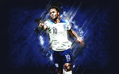 raheem sterling, englands fotbollslandslag, qatar 2022, engelsk fotbollsspelare, attackerande mittfältare, blå sten bakgrund, fotboll