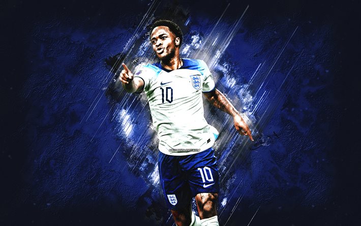 Raheem Sterling, England national football team, Qatar 2022, English footballer, attacking midfielder, blue stone background, football
