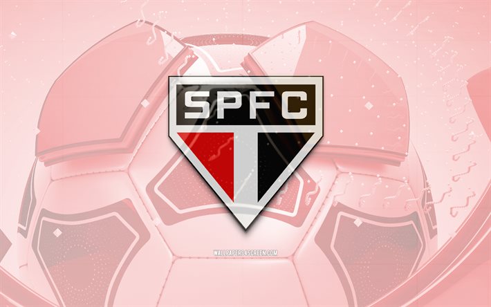 サンパウロ fc の光沢のあるロゴ, 4k, 赤いサッカーの背景, ブラジルのセリエ a, サッカー, ブラジルのサッカークラブ, サンパウロfcの3dロゴ, サンパウロfcのエンブレム, サンパウロfc, フットボール, スポーツのロゴ, サンパウロfcのロゴ, サンパウロ