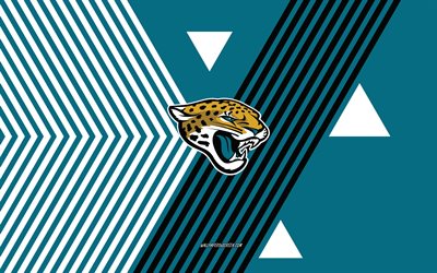 logotipo de los jaguares de jacksonville, 4k, equipo de fútbol americano, fondo de líneas blancas verde azulado, jaguares de jacksonville, nfl, eeuu, arte lineal, emblema de los jaguares de jacksonville, fútbol americano