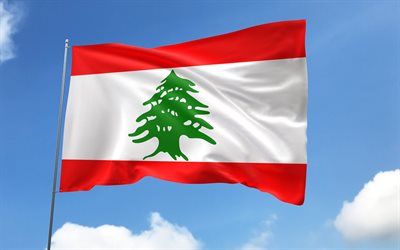 bandeira do líbano no mastro, 4k, países asiáticos, céu azul, bandeira do líbano, bandeiras de cetim onduladas, bandeira libanesa, símbolos nacionais libaneses, mastro com bandeiras, dia do líbano, ásia, líbano